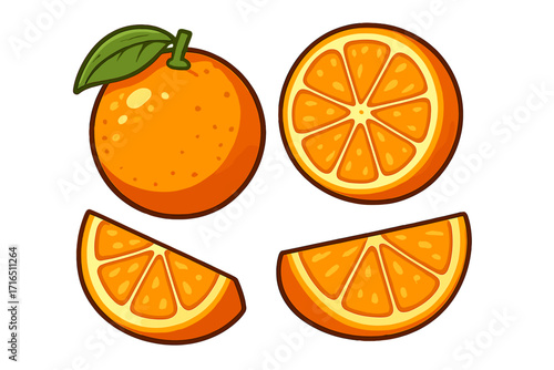 Orange fruit vector illustration set. Collection of whole orange, half slice, and juicy wedge in cartoon style. Healthy citrus food icon concept for vitamin C, fresh juice.