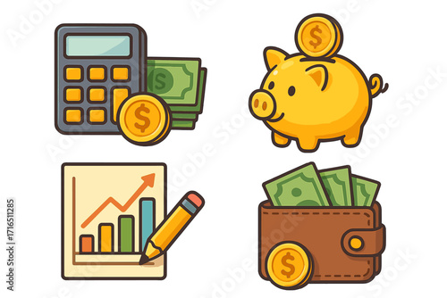 Financial icons for money management, savings, investment. Piggy bank, calculator, wallet, growth chart symbols. Vector cartoon illustration for finance, budget, economy concepts.