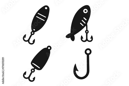 Fishing lure icon set. Vector silhouette collection of fish hooks, bait, wobblers, and spoons for angling. Sport fishing tackle gear and equipment graphic symbols on white.