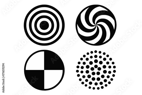 Geometric circle pattern set. Black and white abstract graphic elements. Hypnotic spiral, target, checkerboard & halftone dot icons. Modern op art vector illustration symbols.
