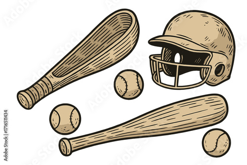 Hand-drawn baseball equipment set with bats, balls, and helmet. Vintage sketch style vector illustration for sports design. Retro cartoon softball game elements. Isolated sport gear.