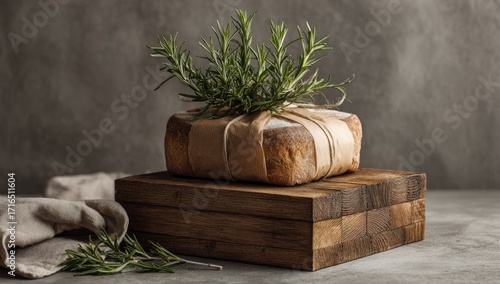 Wrapped loaf of bread atop a wooden box, decorated with rosemary sprigs
