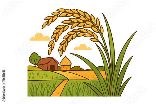 Rice plant vector illustration with golden grains and green leaves. Rural farm landscape with paddy fields, barn, and path. Concept for agriculture, harvest, and staple food.