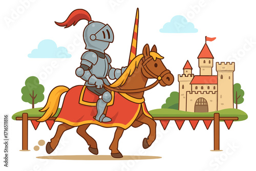 Medieval knight tournament. Man in armor on horse. Jousting rider with lance. Fairytale castle background. Cartoon vector hero. Chivalry, bravery, history, battle concept.