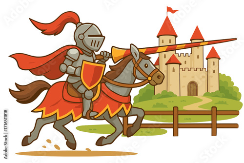Medieval knight in armor riding a horse with a lance. Vector cartoon illustration for a jousting tournament. Fairytale hero character with shield in front of a castle.