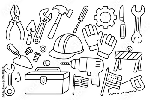 Labor Day doodle set. Hand drawn construction tools collection. Black and white vector line art. Worker equipment icons: hard hat, hammer, drill, wrench, saw, toolbox, USA flag.