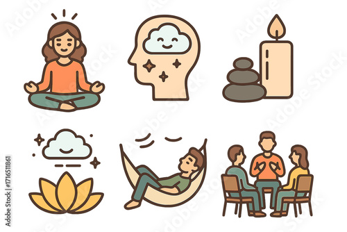 Set of mental health, wellness and mindfulness icons. Vector symbols for meditation, relaxation, group therapy and self-care. Psychology, harmony and inner peace concepts.