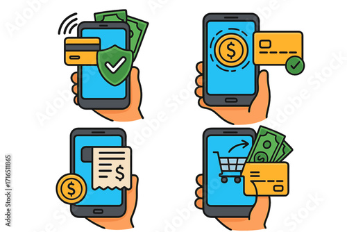 Mobile payment app icon set for online shopping and secure transactions. Vector cartoon concept of fintech, digital wallet, e-commerce, and contactless money transfer.