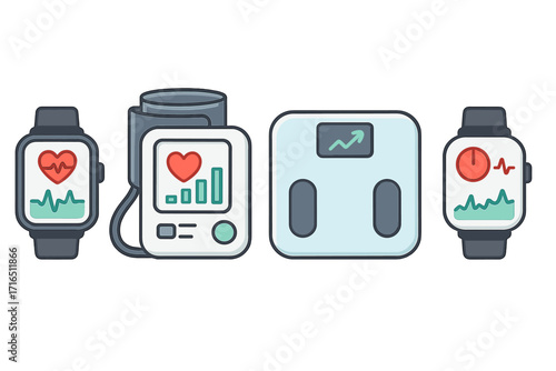 Health monitoring devices vector icon set. Smartwatch with heart rate, tonometer, smart scale. Digital health, telemedicine, and fitness tracker concept. Medical technology.