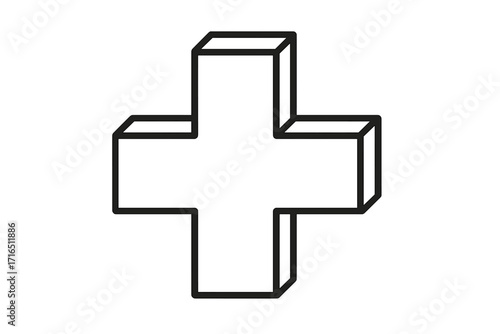 3D plus sign line icon. Isometric medical cross symbol. Healthcare, positive, and addition concept. Minimalist geometric vector graphic design element for logo or web.