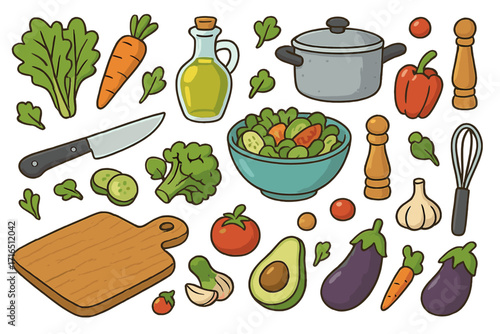 Big set for cooking healthy food. Fresh vegetables, kitchen utensils for meal preparation. Salad ingredients, vegan diet concept. Vector cartoon illustration of cooking items.