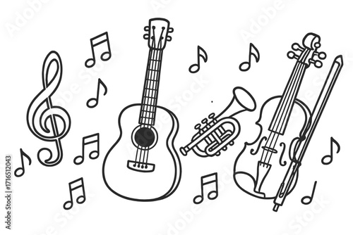 Musical instruments doodle set. Vector line art illustration. Guitar, violin, trumpet, and notes. Music concert, orchestra, and melody concept. Hand-drawn sketch for design.