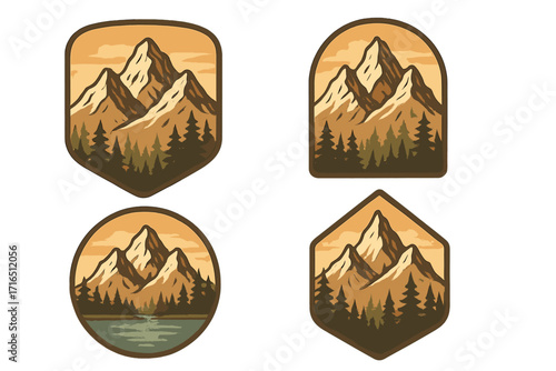 Set of vintage mountain adventure badges. Retro travel logo with nature landscape, forest, and peak. Outdoor hiking exploration emblem collection vector illustration.