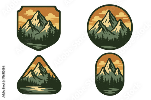 Mountain landscape badges with majestic peaks and nature in a vintage style. Vector illustration set for outdoor adventure, camping, hiking logo, or travel patch design.