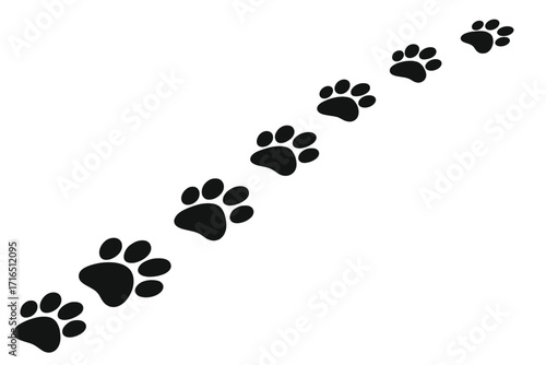 Paw prints trail vector illustration. Dog or cat footprints path. Animal track silhouette isolated on white background. Pet puppy or kitten walking steps cartoon graphic design.