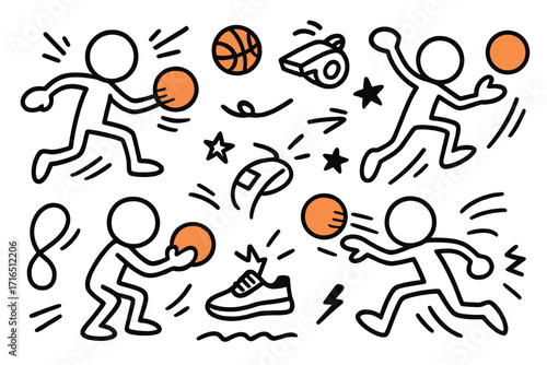 Dodgeball sport doodle set. Vector stick figure people illustration. Person playing game, throwing, catching and running. Active man in action. Simple cartoon sketch icons.