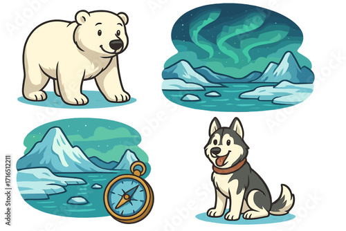 Polar adventure icon set with cute cartoon polar bear, husky dog, northern lights, and compass. Arctic exploration vector illustration collection for winter travel and nature concepts.