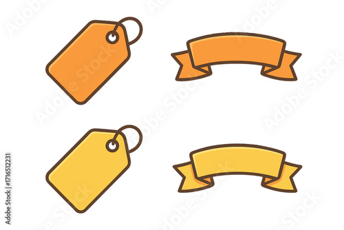 Set of price tags and ribbon banners. Vector cartoon illustration for sales and promotions. Flat design label and badge collection for retail, shopping, and discount offers.