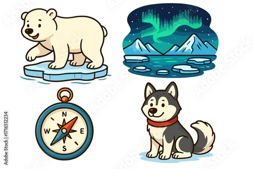 Polar adventure collection. Cute cartoon vector set with polar bear on ice floe, husky dog, compass for navigation, and arctic landscape with northern lights (aurora borealis).