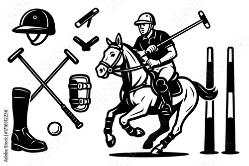 Polo sport equipment set. Equestrian player on horse with mallet. Black and white vector icons for competition. Includes helmet, ball, boots, and goal essentials for match.