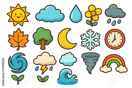 Big set of cute weather and nature icons. Kawaii cartoon vector collection. Sun, rain, cloud, storm, snow, rainbow, tree, flower, leaf, wave, time clock, moon. Four seasons.