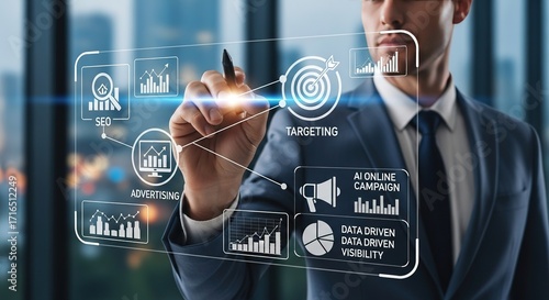 Businessman Interacting with Digital Marketing Interface, Highli