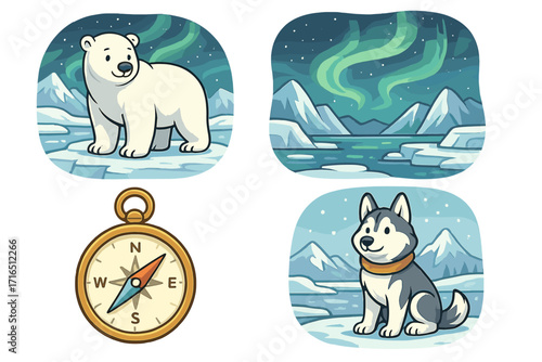 Polar adventure vector set. Cute cartoon polar bear, husky dog, compass, and arctic landscape with northern lights. Winter exploration and travel concept icons illustration.