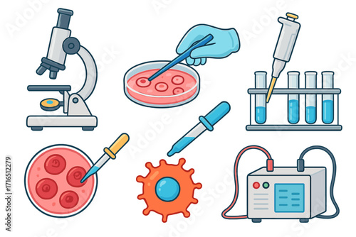 Biology science laboratory research vector icon set. Medical analysis, chemistry experiment concept. Cartoon collection with microscope, test tube, petri dish, pipette, cells.