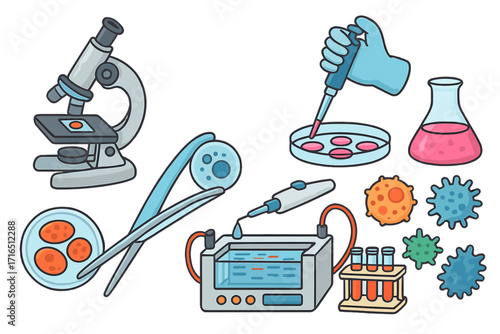Biological research icon set. Laboratory equipment for science experiment. Microscope, pipette, petri dish, cells, virus, DNA electrophoresis. Vector cartoon illustration.