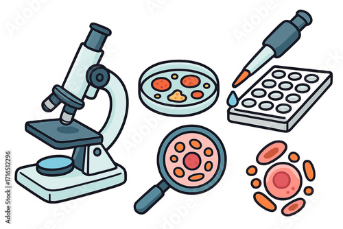 Biology research icon set. Laboratory equipment for science experiment. Microscope, petri dish with cells, pipette, blood sample analysis. Microbiology, biotechnology concept.