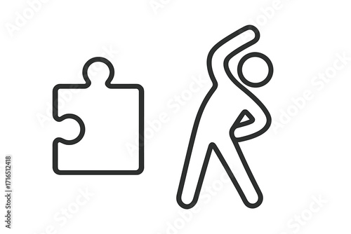 Exercise and health puzzle concept. Linear icons of a stretching person and a puzzle piece. Metaphor for fitness, mental wellness, therapy, solution, and strategy.