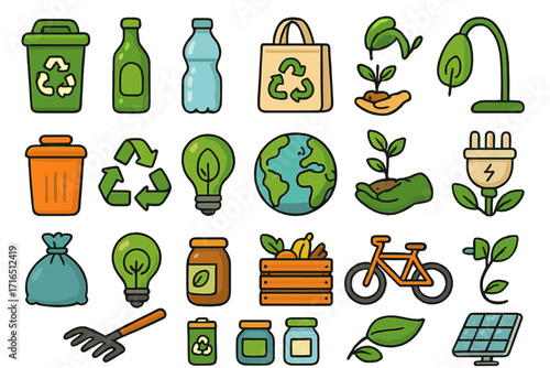 Recycling and sustainability icon set. Eco friendly collection for environmental awareness. Green energy, zero waste, and conservation concept. Vector cartoon ecology symbols.