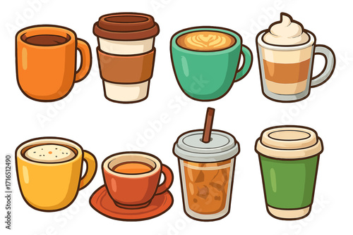 Coffee cup icon set. Collection of popular coffee drinks like espresso, latte, cappuccino, americano and iced coffee. Vector cartoon illustration of takeaway cups and mugs.