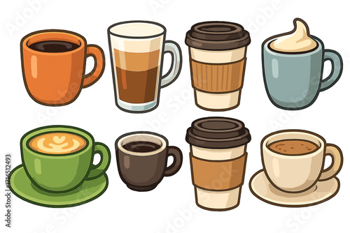 Coffee cup collection vector illustration. Set of various hot drinks and beverages in mugs and takeaway cups. Espresso, latte, cappuccino icons for cafe menu or coffee shop.