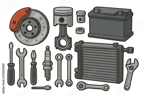 Car service and repair parts vector set. Automotive components for mechanic workshop. Includes brake disc, piston, battery, radiator, spark plug, wrench, and screwdriver.