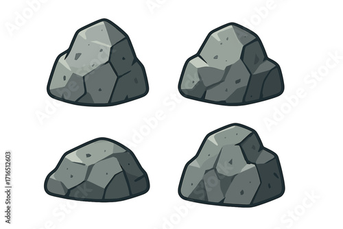 Rock and stone icon set. Cartoon vector illustration of boulders and granite minerals. Natural environmental game assets. Flat design elements for nature concepts, isolated.