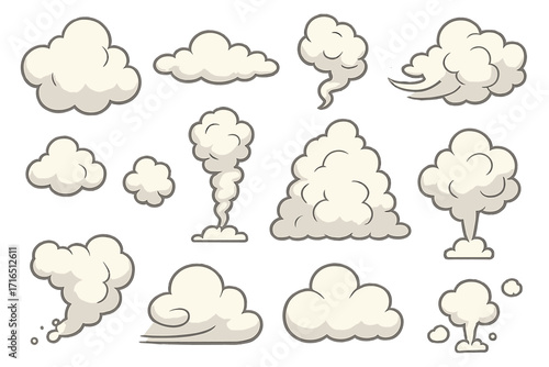 Cartoon smoke and cloud vector illustration set. Collection of comic puff, steam, and dust shapes. Explosion and wind effects. Puffy clouds and smoke graphic elements isolated.