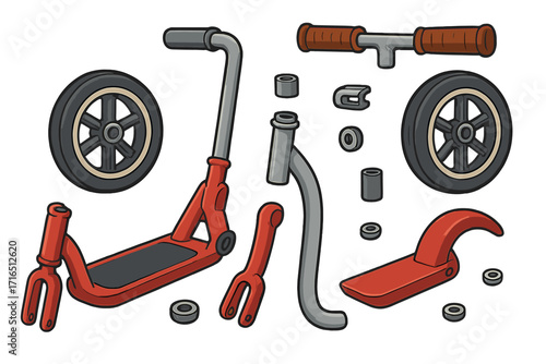 Scooter parts assembly diagram. Exploded view of a kick scooter with components like wheels, deck, and handlebars. Vector cartoon illustration for repair manual or instructions.
