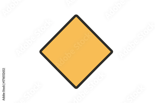 Rhombus geometric shape icon vector illustration, simple yellow diamond sign with black outline, minimal flat style, math symbol, blank warning road sign template, transparent background design