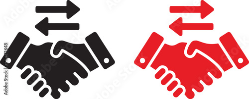 handshake, agreement, deal, business, partnership, cooperation, contract, meeting, success, trust, collaboration, negotiation, connection, two people, hands, icons, symbols, black, red, flat design, s