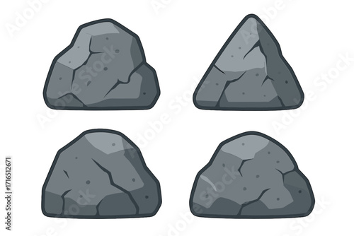 Set of cartoon rock stones. Vector illustration of gray boulders. Flat style mineral icons for game design element. Collection of geometric cobblestone or granite shapes.