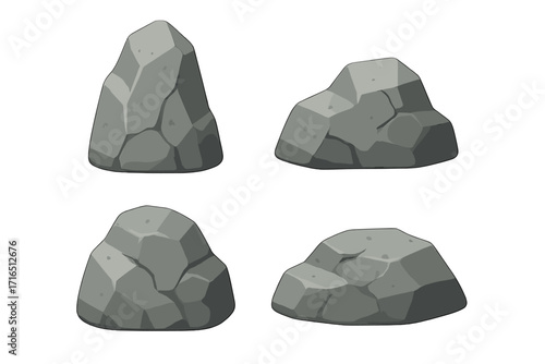 Rock stone cartoon vector icon set. Collection of gray granite boulders and minerals. Natural geology element for game design or nature illustration. Isolated flat graphic symbols.