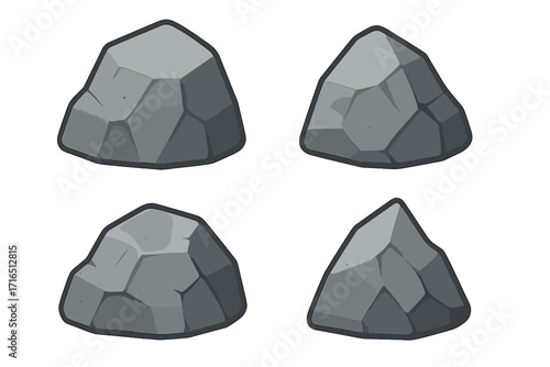 Granite rock icon set. Stylized flat stone collection. Polygonal cartoon boulders. Vector illustration with transparent background. Geology construction game assets. No text decoration.