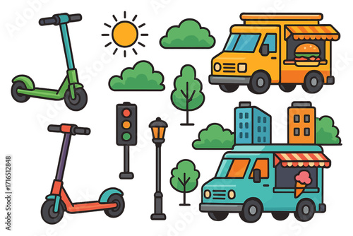 City life vector illustration set with food truck, ice cream van, and electric scooters. Urban street food and eco transport icons. Cartoon collection for summer park elements.
