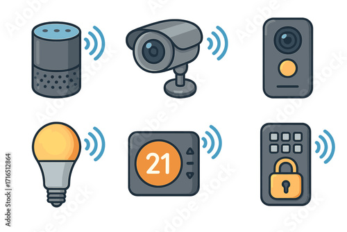 Smart home technology vector icons set featuring security camera, smart thermostat, light bulb, smart lock, video doorbell, and voice assistant. Modern household IoT device automation concept.