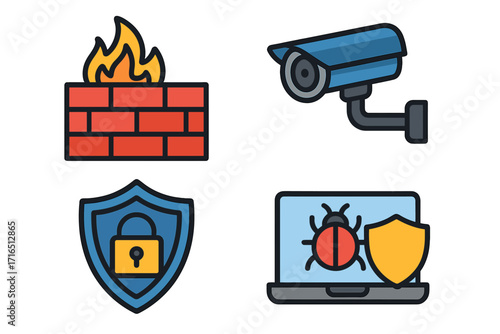Cybersecurity Symbols Vector Illustration Featuring Firewall, Surveillance Camera, Shield with Lock, Malware Protection, Colorful Flat Design, Security Icon Set for IT Network Safety Concepts