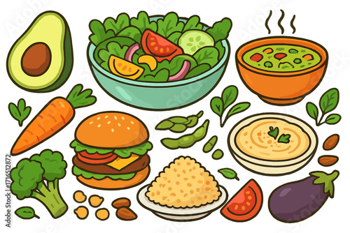 Plant-based food collection. Healthy vegan and vegetarian meal set. Vector cartoon illustration with burger, salad, soup, avocado, and vegetables for a balanced diet.