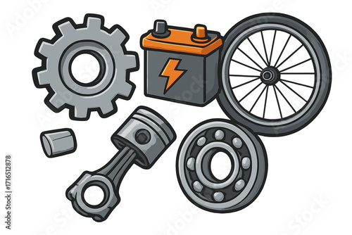 Set of mechanical parts for car and bicycle repair service. Automotive engine components collection with gear, piston, bearing, wheel, and battery. Vector cartoon illustration.