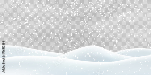 Vector heavy snowfall with snowbanks field. Snow landscape decoration, frozen hills isolated on png background. Snow flakes, snow and blizzard falling on snowdrifts. Christmas vector illustration