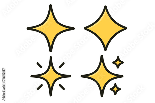 Sparkle shine icons set. Geometric diamond shapes. Yellow star symbols. Flat style vector cartoon illustration with transparent background. Glow decoration. Brightness, glitter, twinkle effect.